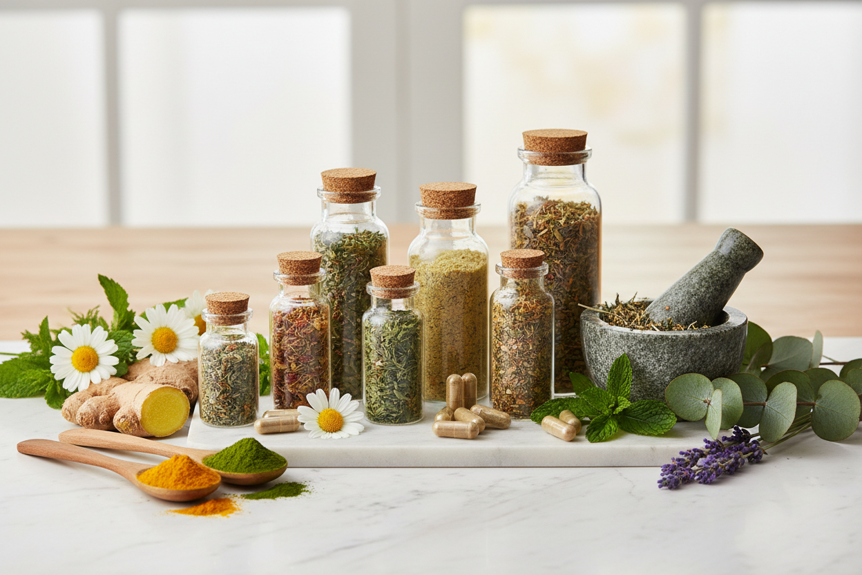 Herbal & Natural Blends – Plant-based supplements to support digestion, stress relief, and holistic wellness. (make it real photo)