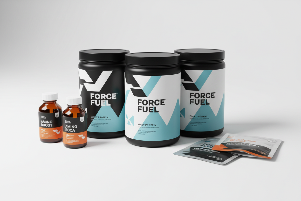 Protein & Fitness Supplements – High-quality protein powders, BCAAs, and recovery formulas for muscle growth and performance. (make it real photo)
